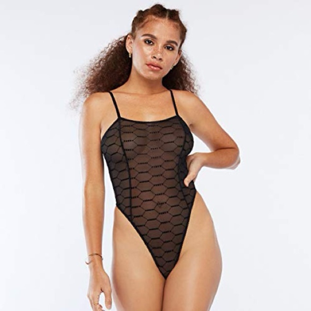 Savage X Fenty Black Mesh Sheer Logo Teddy Bodysuit